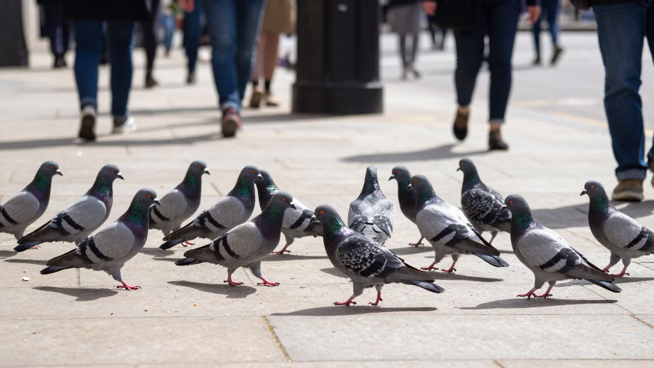 London Midday Street Scene with Pigeons and Urban Infrastructure Details in in London, United Kingdom