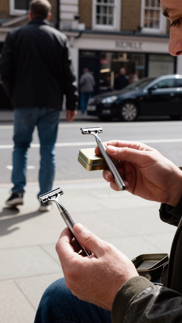 London Midday Street Scene with Safety Razor and Tin Box in Realistic Urban Setting in in London, United Kingdom