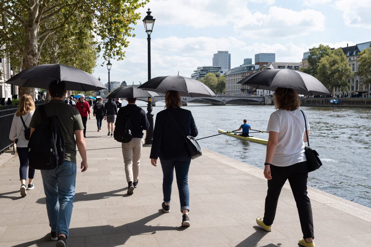 London Midday Street Scene with Umbrellas and Rower on Flat Water in in London, United Kingdom