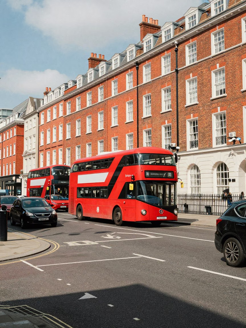 London Midday Street Scene with Vintage Car and Red Brick Architecture in in London, United Kingdom