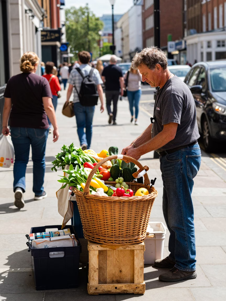 London Midday Street Scene with Wicker Basket and Local Interaction in in London, United Kingdom