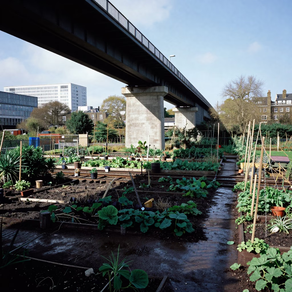 London Midday Urban Landscape with Viaduct Shadow and Allotment Gardens in in London, United Kingdom