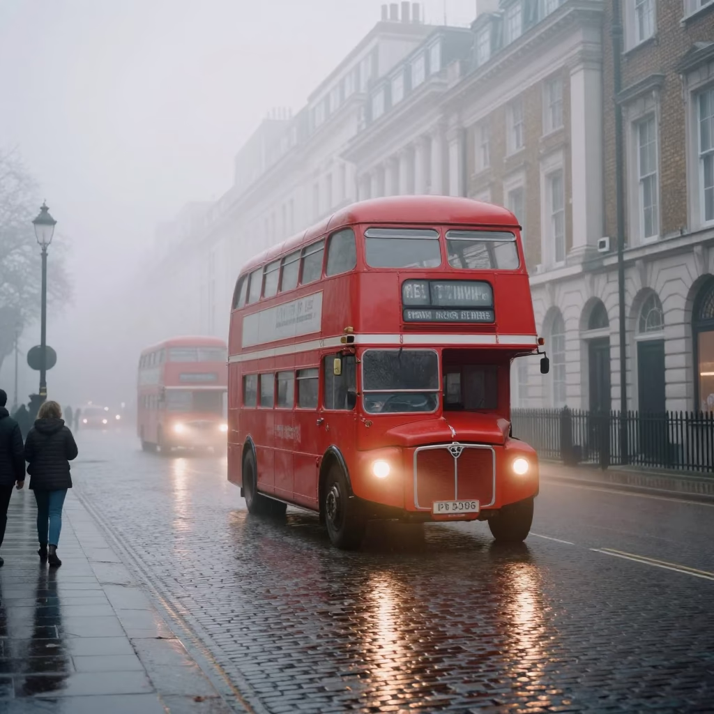 London Misty Dawn Street Scene With Vintage Car And Red Bus in in London, United Kingdom
