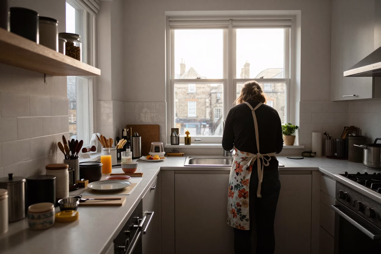 London Morning First Light Kitchen Scene with Apron and Glass Jar in in London, United Kingdom