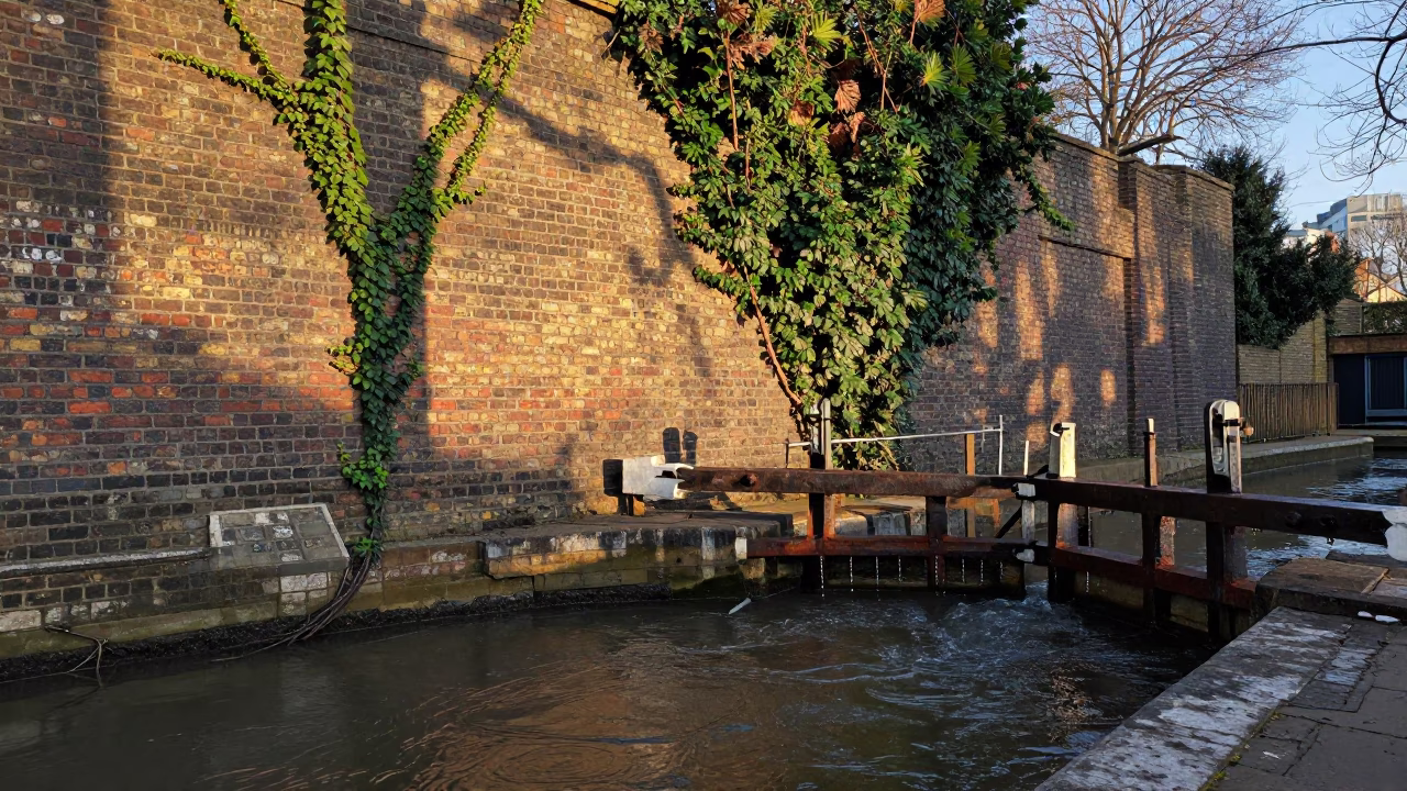 London Morning Light on Brick Wall with Ivy Vines and Canal Edge in in London, United Kingdom