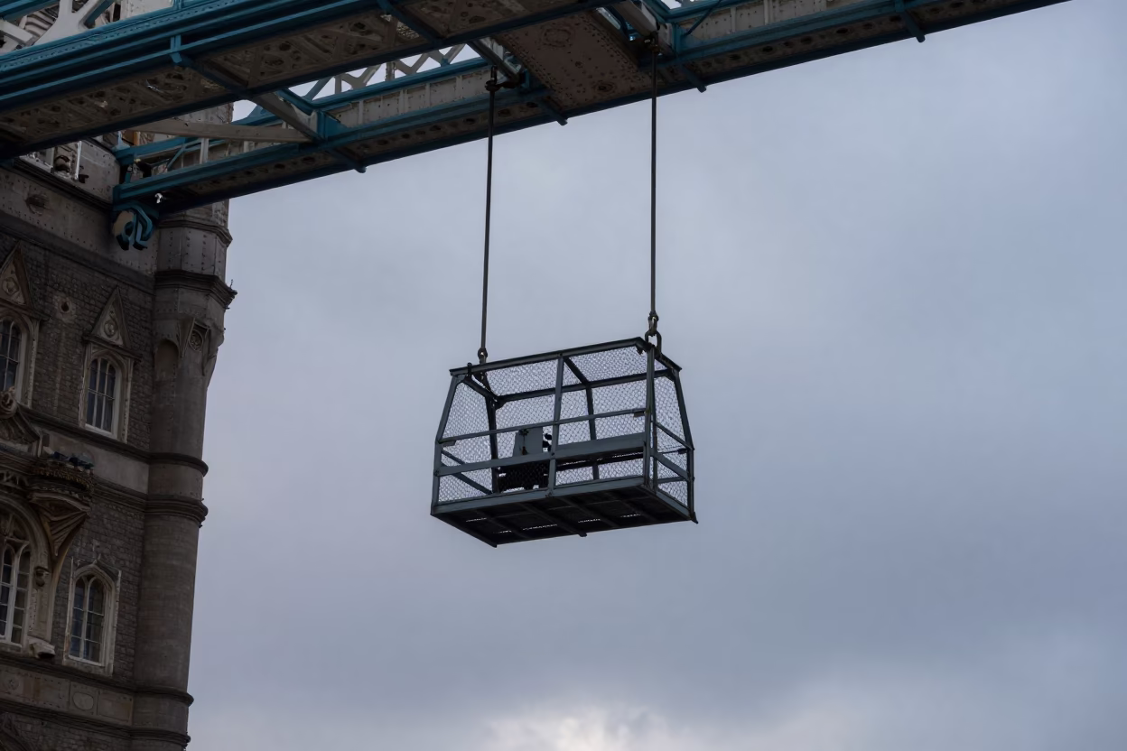 London Nautical Dawn Bridge Maintenance Cage Swinging in Crosswind Over Thames in in London, United Kingdom