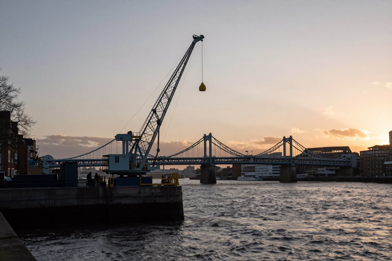 London Nautical Dawn Bridge Maintenance Cage Swinging in Crosswind in in London, United Kingdom