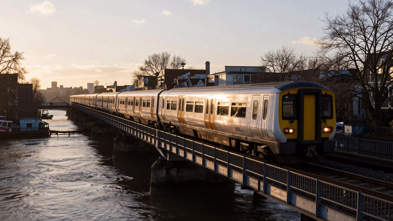 London Nautical Dawn Commuter Train Crossing Bridge with Tea Kettles in in London, United Kingdom