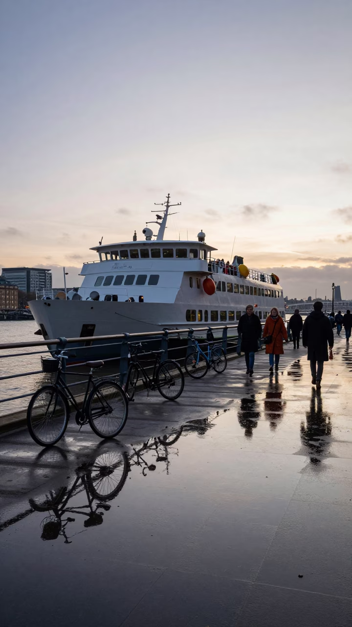 London Nautical Dawn Ferry Dock Scene with Puddle Reflections and Commuters in in London, United Kingdom