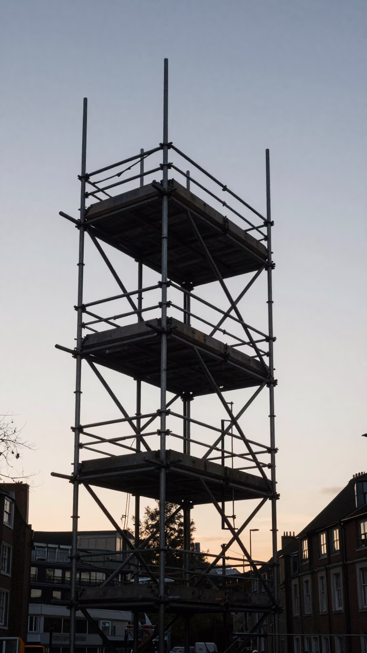 London Nautical Dawn Geometric Scaffold Joints Against Pale Sky in in London, United Kingdom