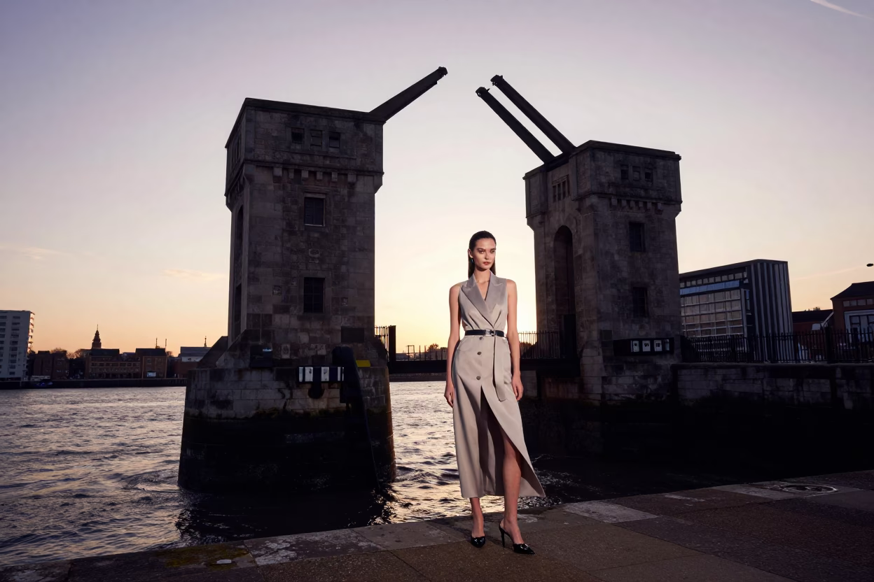 London Nautical Dawn High Fashion Editorial with Drawbridge Counterweight House and Urban Texture in in London, United Kingdom