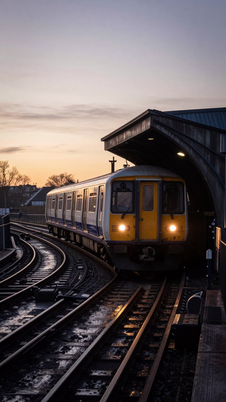 London Nautical Dawn Metro Train Emerging from Tunnel into Early Morning Light in in London, United Kingdom