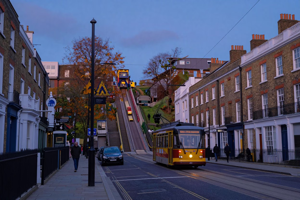 London Nautical Dawn Street Scene with Funicular and Autumn Vines in in London, United Kingdom