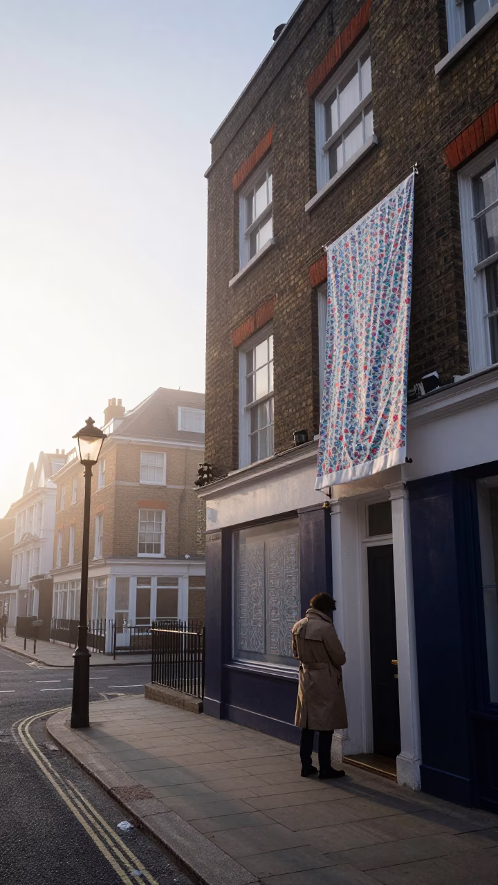 London Nautical Dawn Street Scene with Liberty Cotton and Fountain Pen in in London, United Kingdom