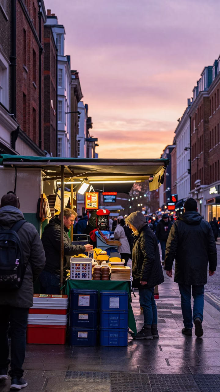 London Nautical Dawn Street Scene with Market Stall and Urban Details in in London, United Kingdom