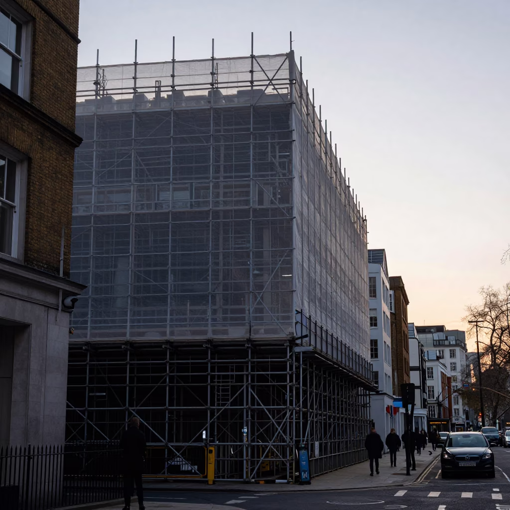 London Nautical Dawn Street Scene with Scaffolding and Urban Infrastructure in in London, United Kingdom