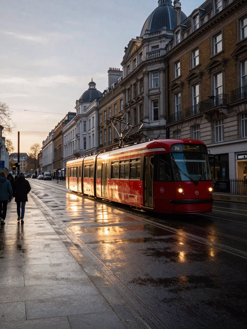 London Nautical Dawn Street Scene with Tram and Sunlight in in London, United Kingdom