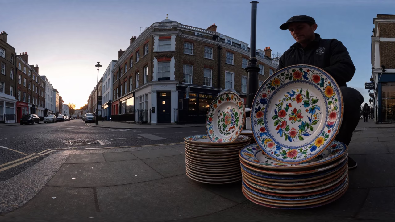 London Nautical Dawn Street Scene with Vintage Majolica Plate and Smudged Bottle in in London, United Kingdom