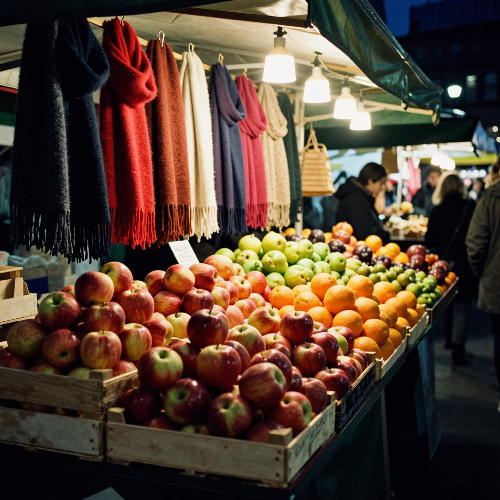 London Night Market Stall With Wool Scarves And Fruit Under Streetlight in in London, United Kingdom