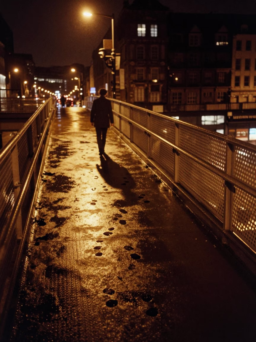 London Night Pedestrian Overpass Wet Footsteps Perforated Metal Urban Street Photography in in London, United Kingdom