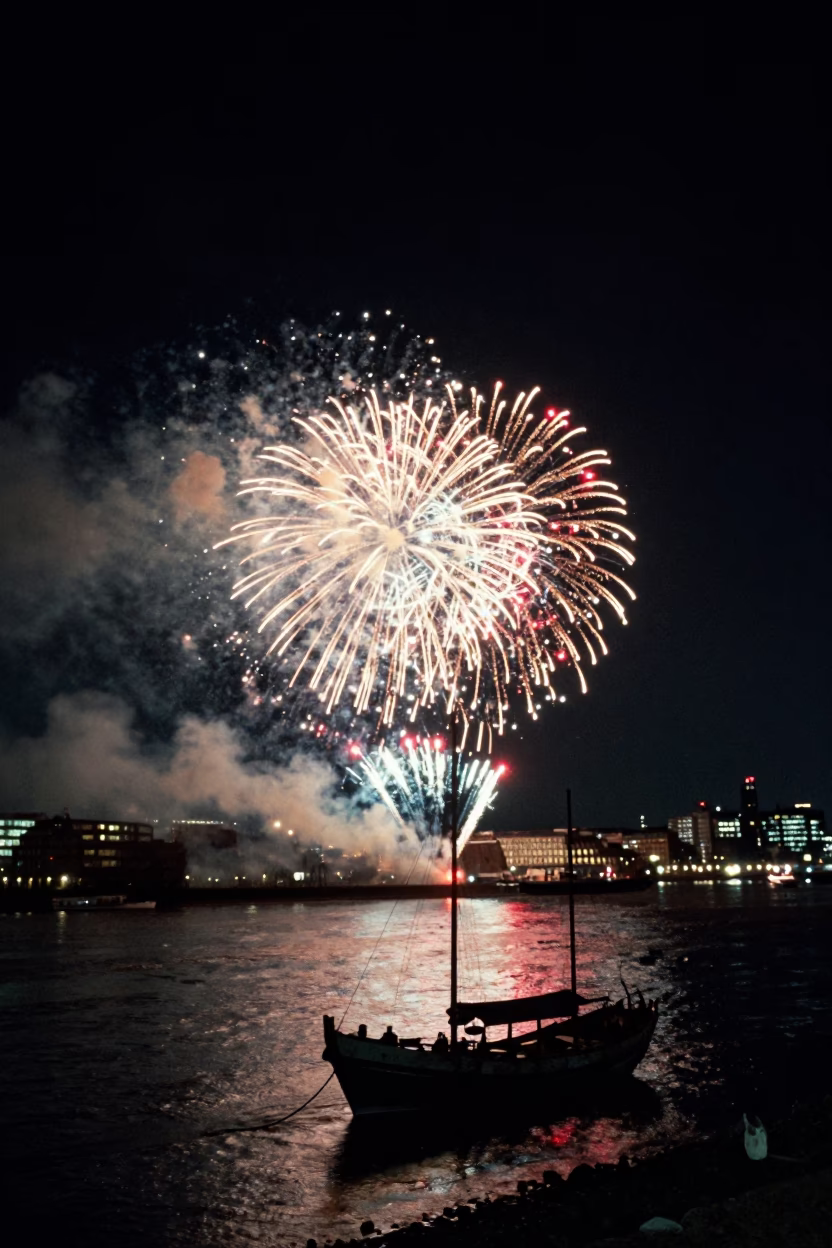 London Night Sky Over Thames with Fireworks and Junk Boat Harbor Scene in in London, United Kingdom