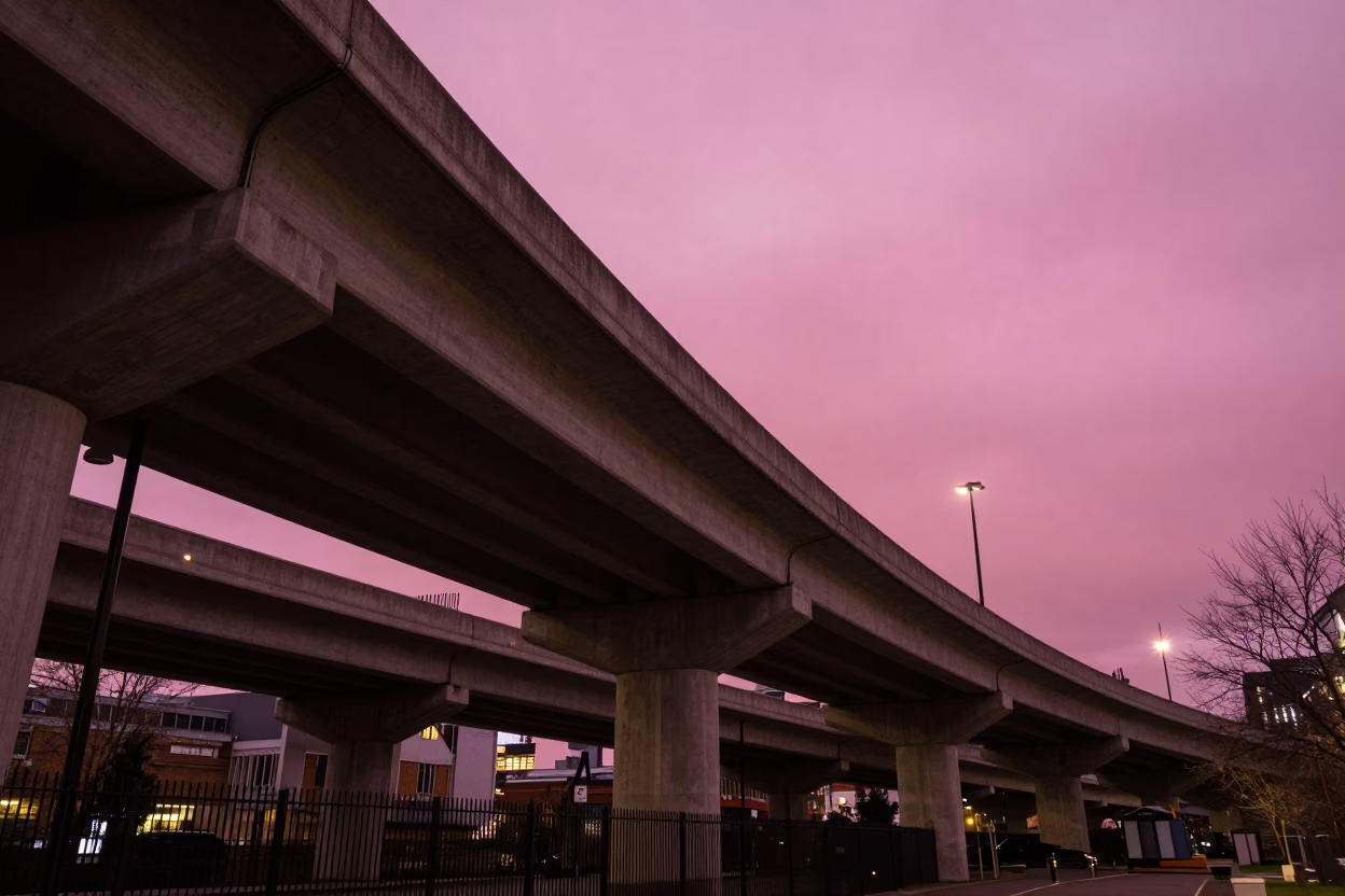 London Night Sky Under Highway Flyover Stack at Pink Evening in in London, United Kingdom