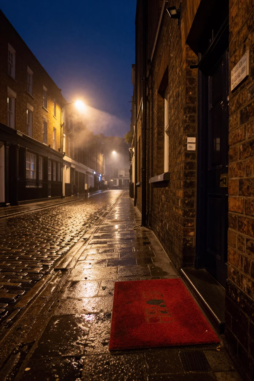 London Night Street Scene with Doormat and Steam Haze Under Deep Sky in in London, United Kingdom
