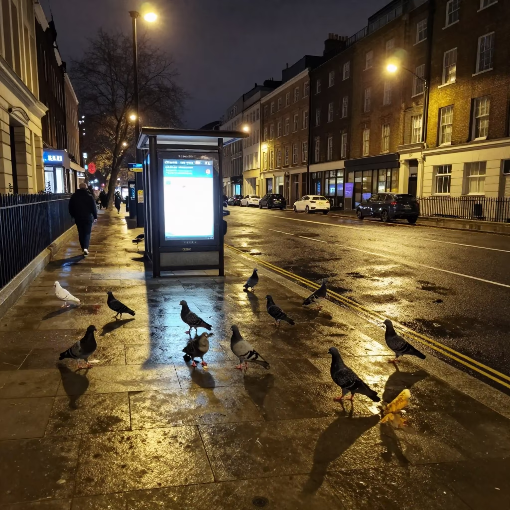 London Night Street Scene With Pigeons And Rooftop Water Tower Under Streetlights in in London, United Kingdom