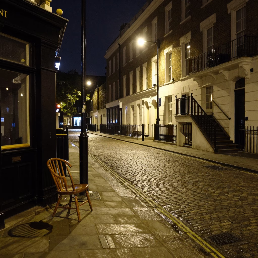 London Night Street Scene with Spindle Chair and Stair Rail Under Deep Sky in in London, United Kingdom