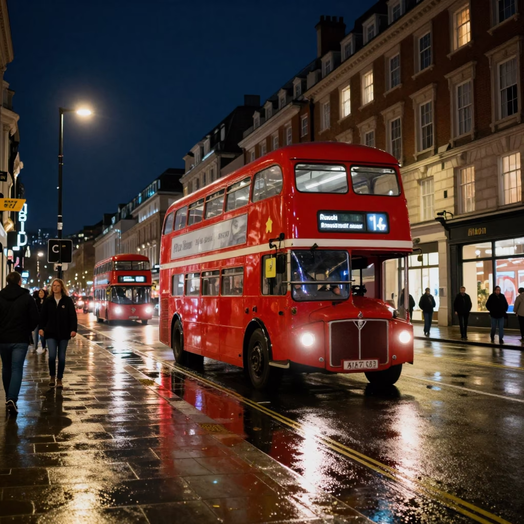 London Night Street Scene With Vintage Red Bus And Pedestrians Under Deep Sky in in London, United Kingdom