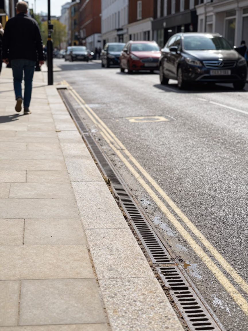 London Noon Street Scene with Drainage and Urban Infrastructure Details in in London, United Kingdom