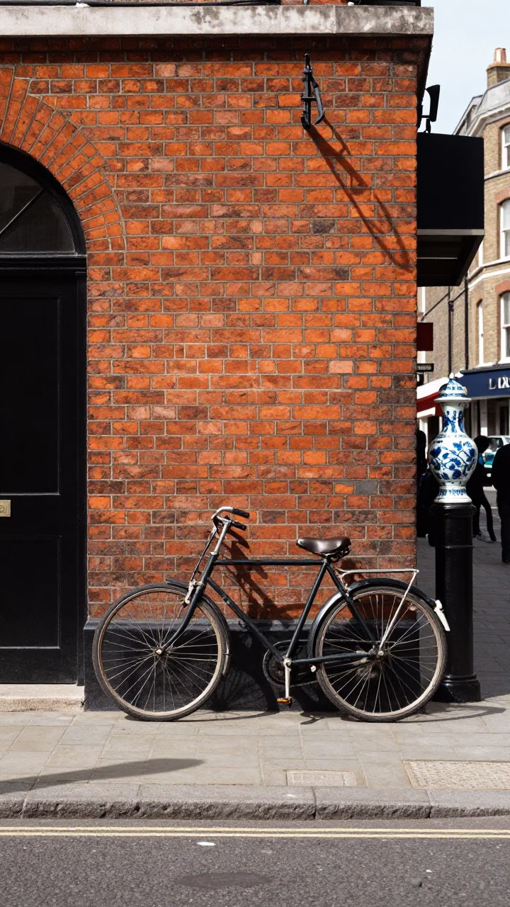 London Noon Street Scene with Vintage Bicycle and Porcelain Jars in in London, United Kingdom