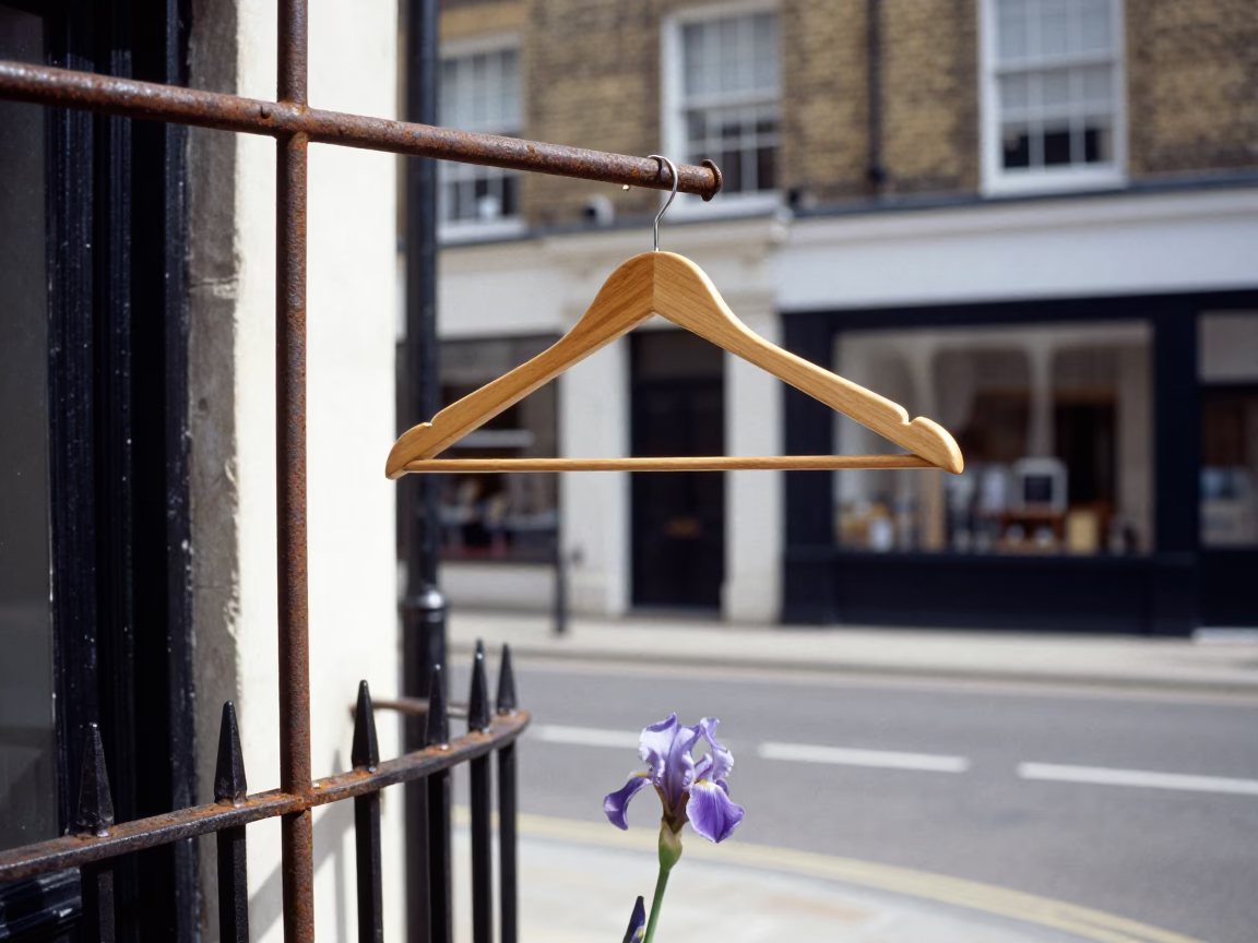 London Noon Street Scene with Wooden Hanger and Iris Blossoms in in London, United Kingdom