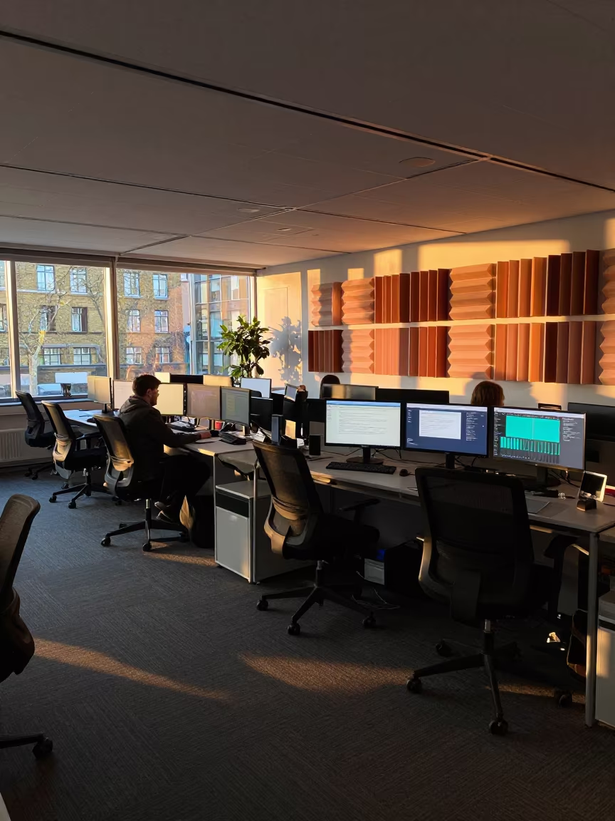 London Operations Center Acoustic Board at Dusk in in an operations center under monitor glow near London