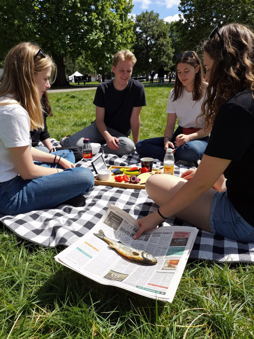 London Picnic Scene at The Flat Glare Of Noon Light in in London, United Kingdom
