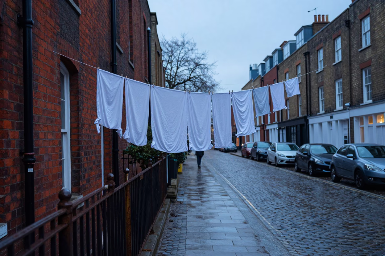 London Pre-Dawn Street Scene with Laundry Lines and Urban Infrastructure in in London, United Kingdom