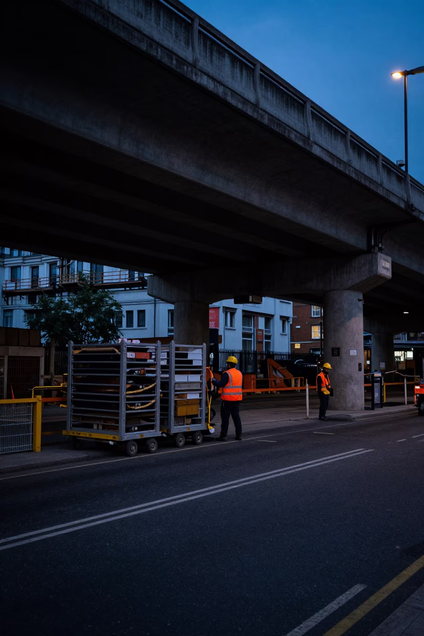 London Predawn Street Scene with Construction Workers and Rolling Carts Under Bridge in in London, United Kingdom