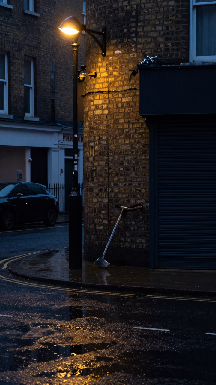 London Predawn Street Scene with Crowbar and Rain Reflections in in London, United Kingdom