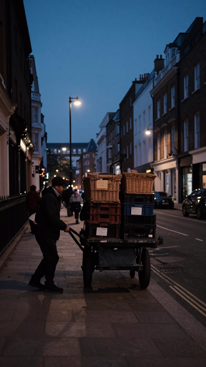 London Predawn Street Scene with Rolling Carts and Wicker Shadows in 1970s United Kingdom in in London, United Kingdom