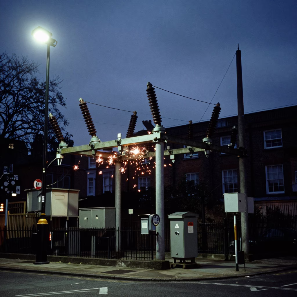 London Predawn Street Scene With Substation Insulators Sparkling Under Floodlights in UK in in London, United Kingdom