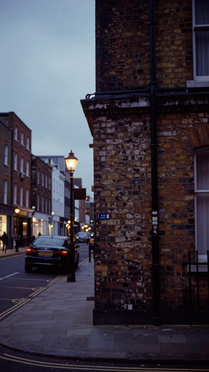 London Predawn Street Scene with Vintage Elements and Urban Details in in London, United Kingdom