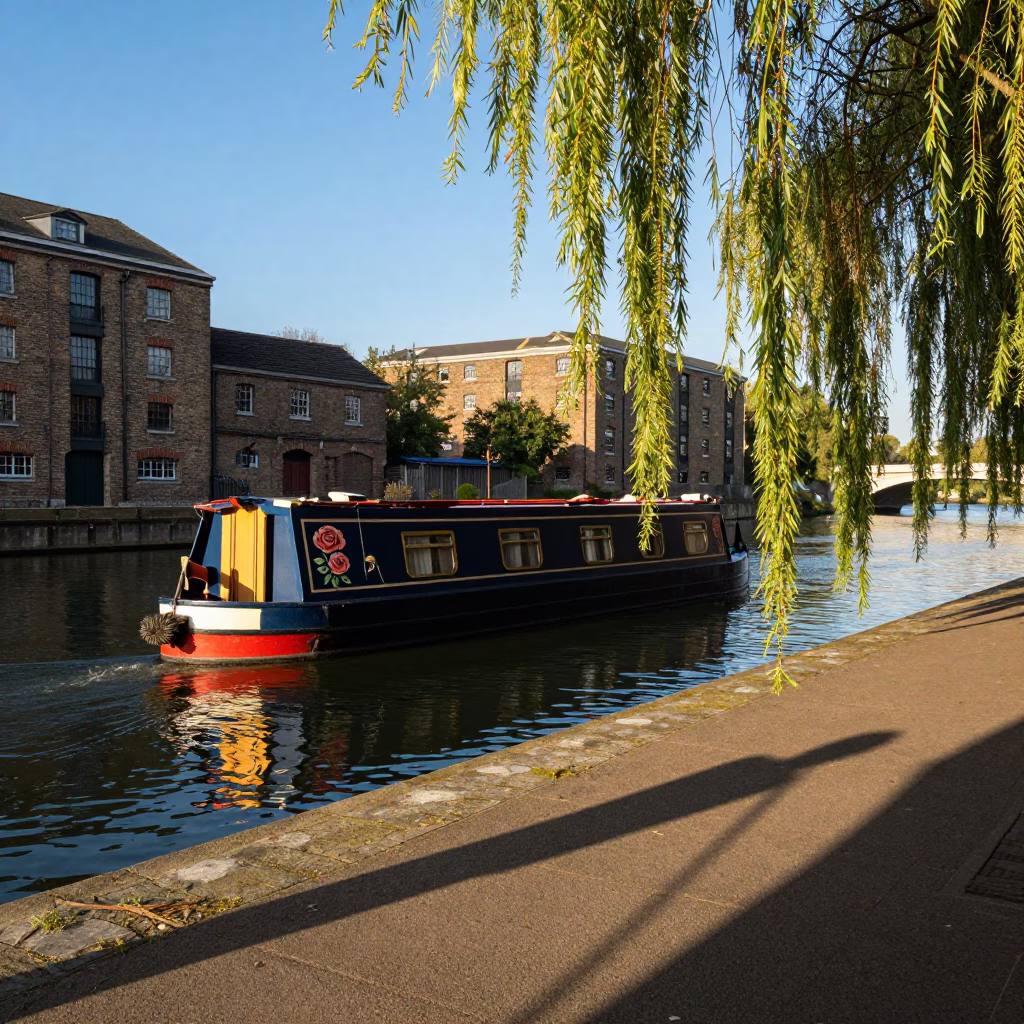 London River Scene with Narrowboat and Wicker Shadow in Late Afternoon Light in in London, United Kingdom