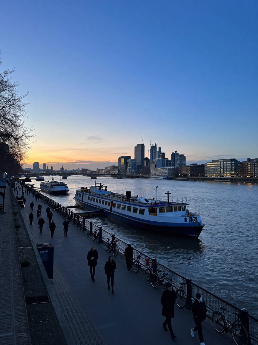 London Riverbank Dawn Scene with Ferry Docking and Industrial Infrastructure in in London, United Kingdom