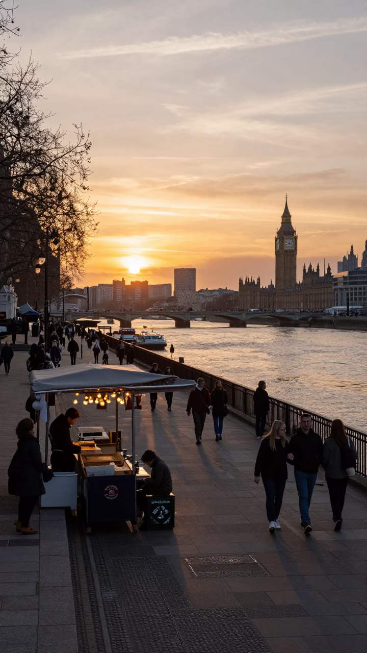 London Riverside Evening Street Scene with Food Vendors and Commuters at Sunset in in London, United Kingdom