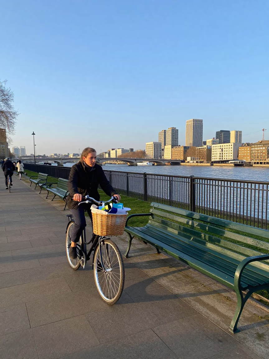 London South Bank Evening Scene with Bicycle Basket and Garden Benches Near River in in London, United Kingdom