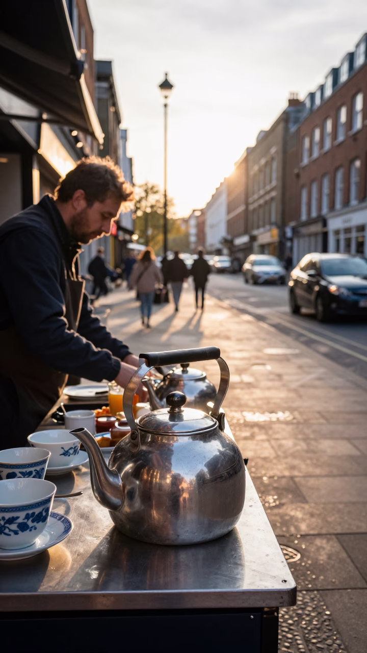 London Street Breakfast Scene Just After Sunrise with Teapot and Porcelain in in London, United Kingdom