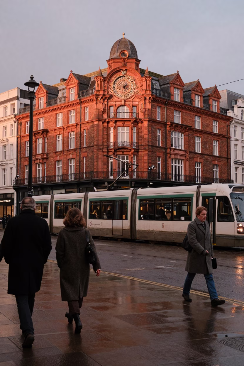 London Street Corner at Dusk with Tram and Art Nouveau Facades in Copper Light in in London, United Kingdom