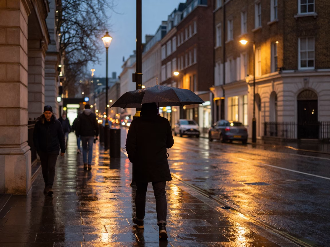 London Street Corner at Dusk with Umbrella and Wet Pavement Reflections in in London, United Kingdom
