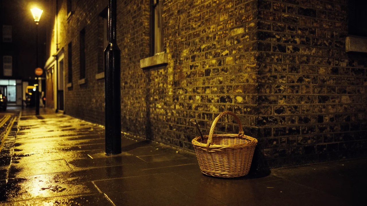 London Street Corner at Night with Wicker Basket and Rain-Slicked Pavement in in London, United Kingdom