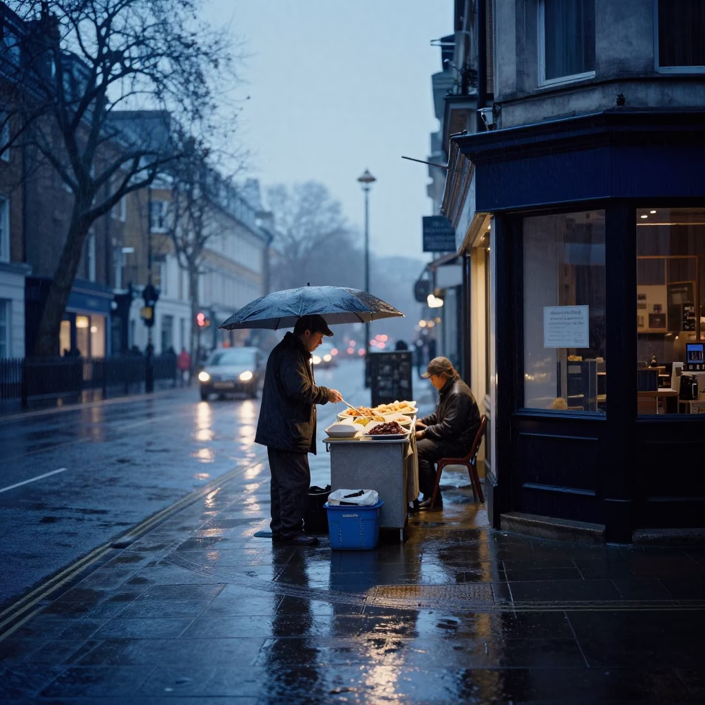London Street Corner Before Sunrise with Condensation and Rain Gear in in London, United Kingdom